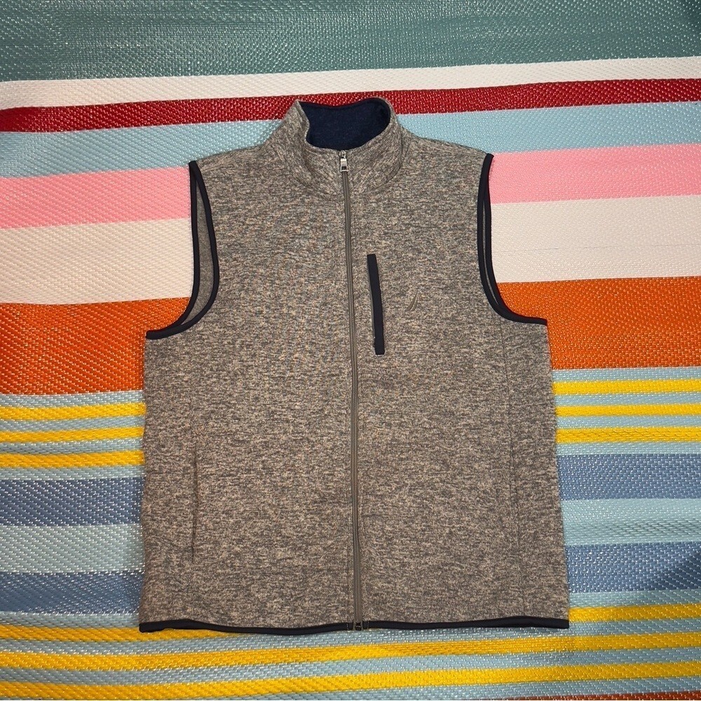 Nautica Navy Blue Heather Grey Full Zip Mockneck‎ Knit Vest Men’s Size Large